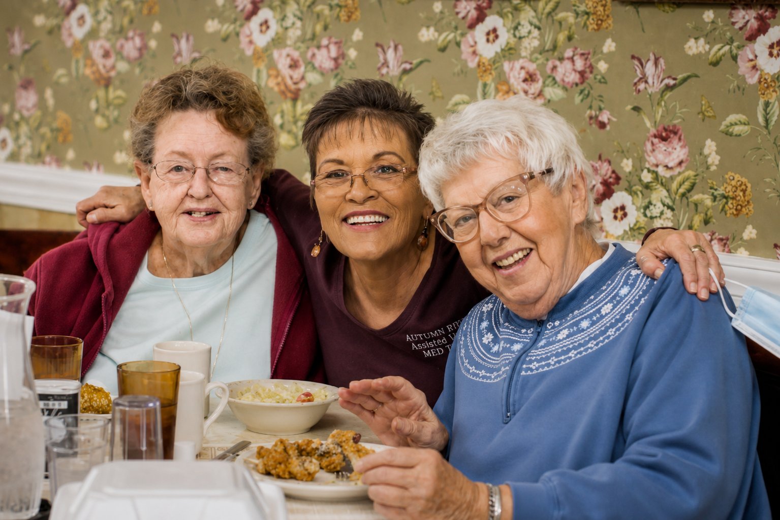 Three Autumn Ridge residents talking together at a dining table